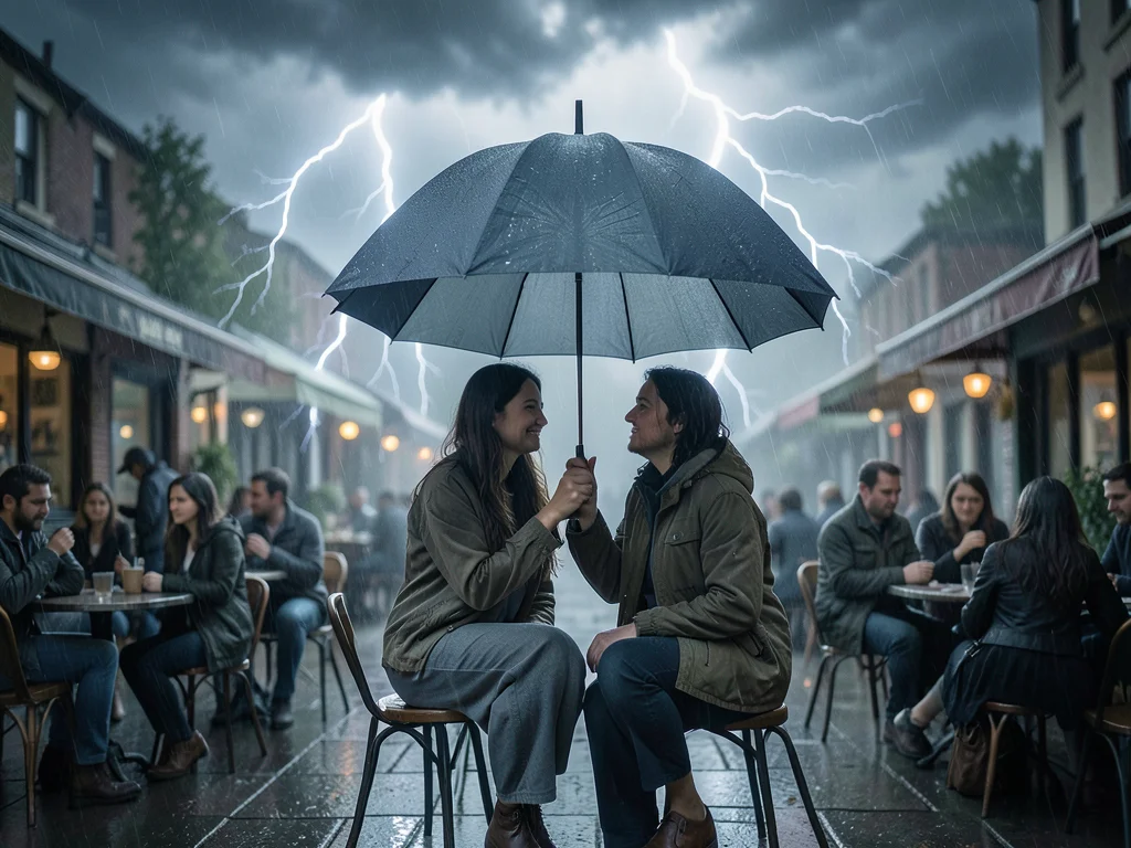 Couple sharing an umbrella under a personal thunderstorm, cafe terrace, everyone