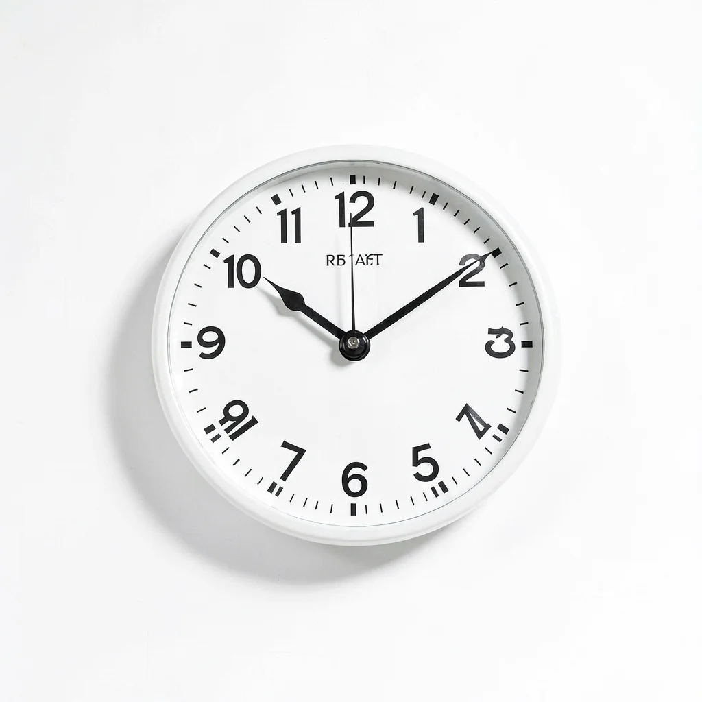 Clean white-background product photo of a wall clock, soft even studio shadow, p
