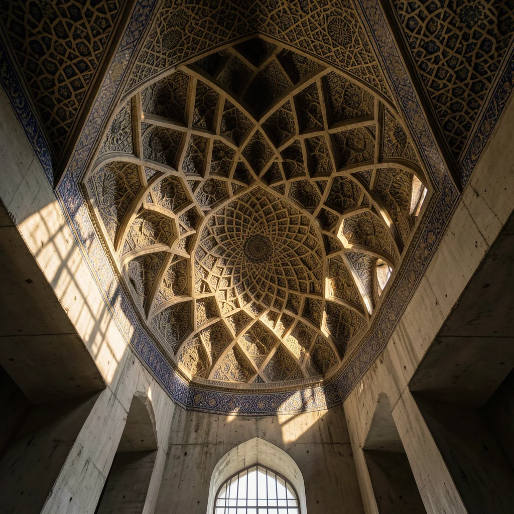 Muqarnas ceiling detail in a historic mosque, honeycomb vaulting, afternoon ligh