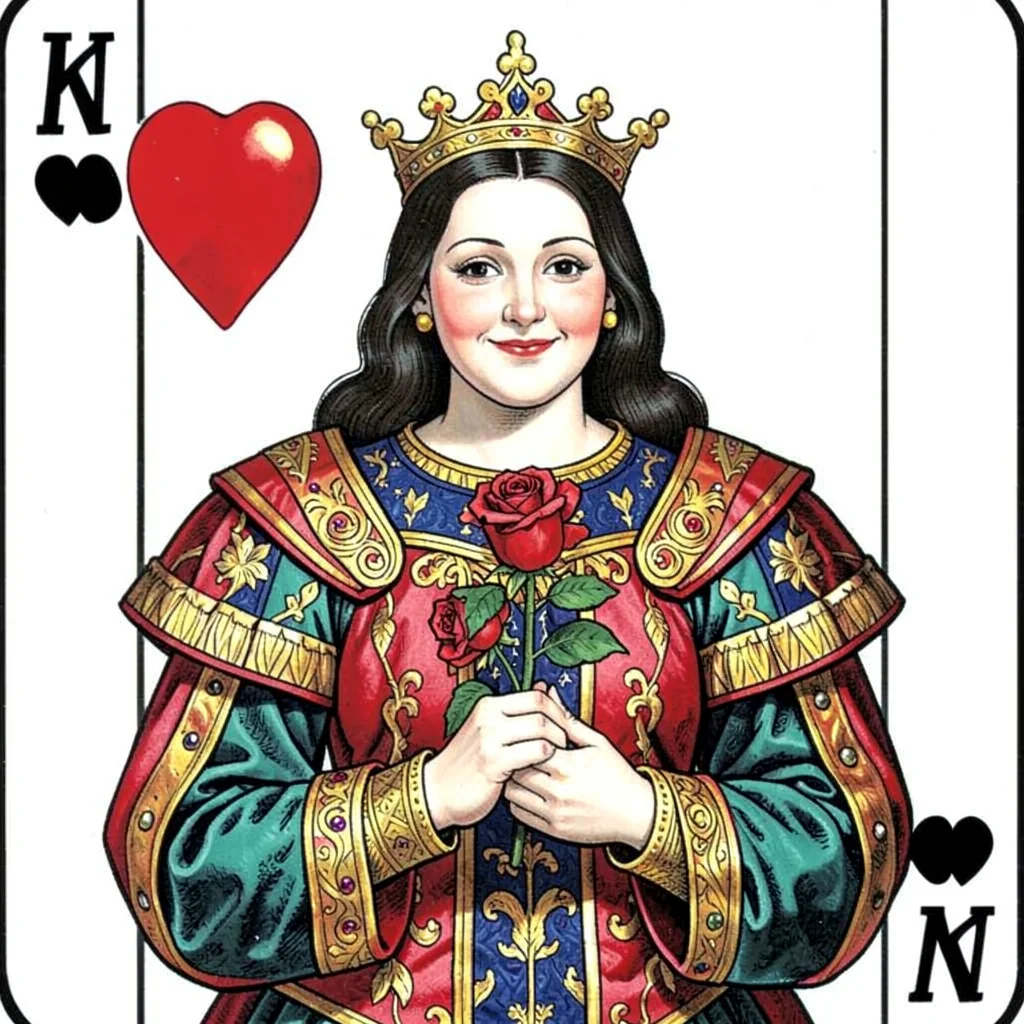 Playing card face illustration, Queen of Hearts, rose in hand, benevolent expres