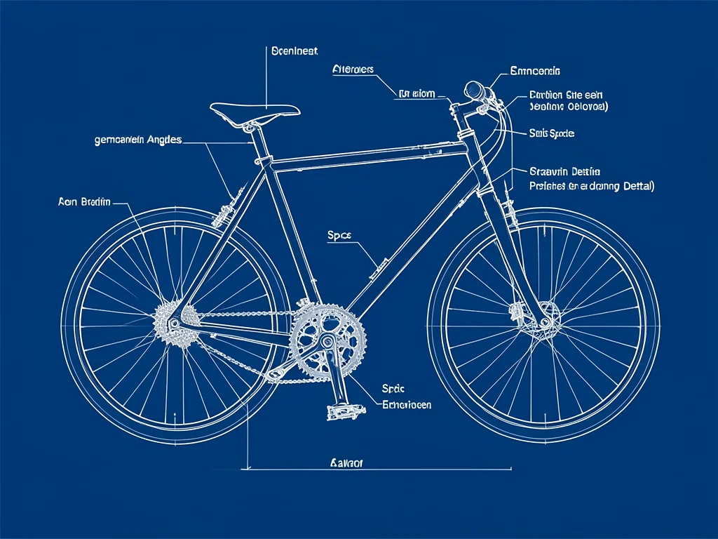 A technical drawing of a bicycle with component callouts: frame geometry angles,