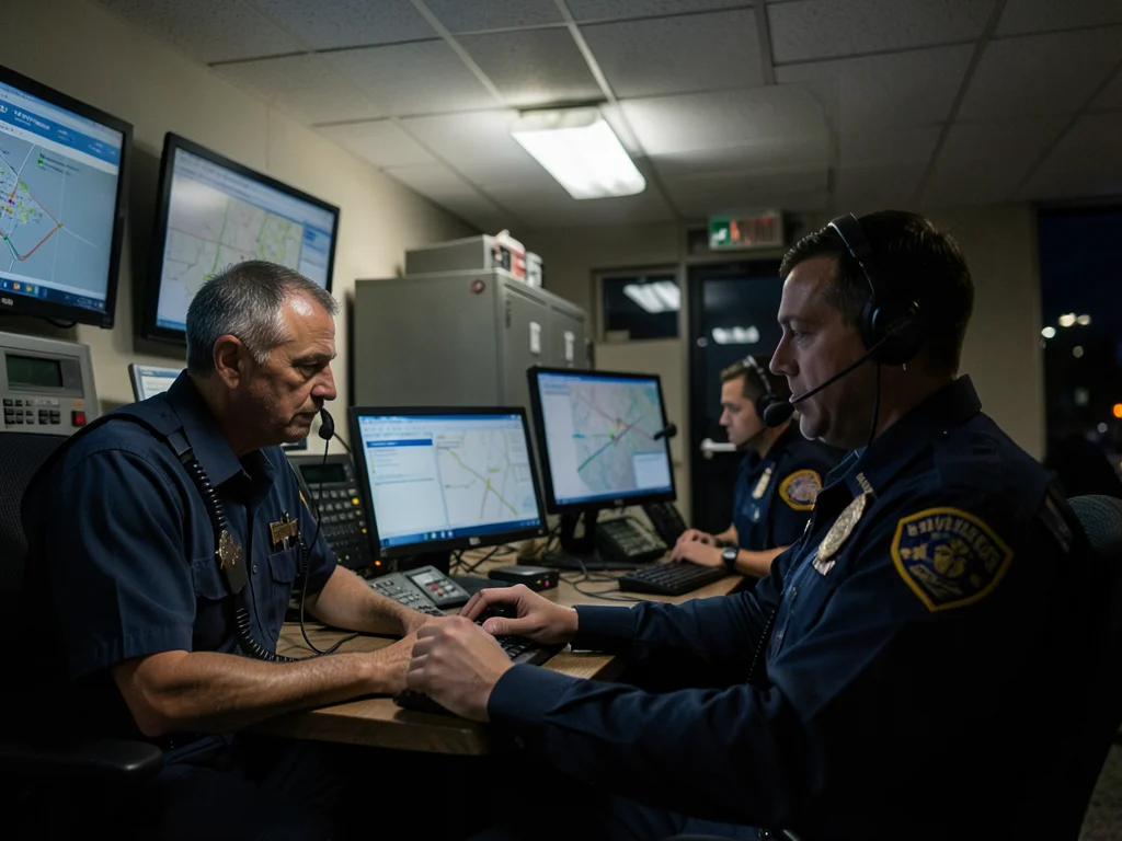 Dispatch center at night — screens showing maps, operator in headset, overhead l