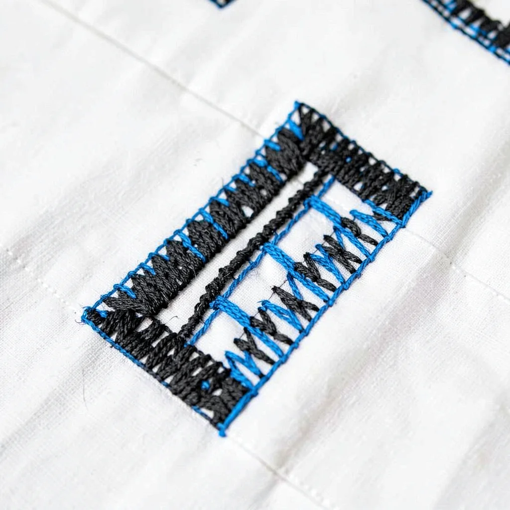 Detail of sleeve cuff — dense chain stitch bands in black with blue accent on wh