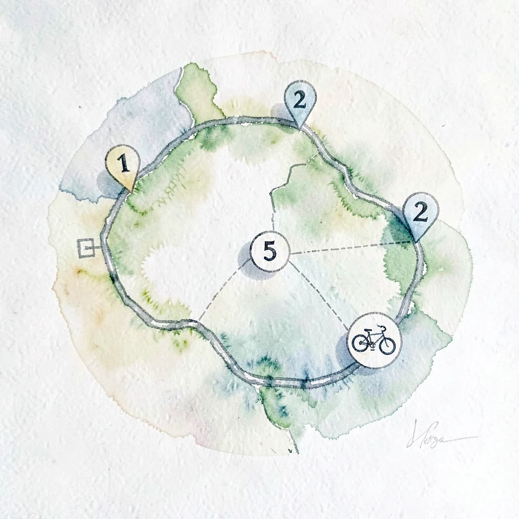 Watercolor map of a multi-stop loop with numbered pins and a tiny bike silhouett