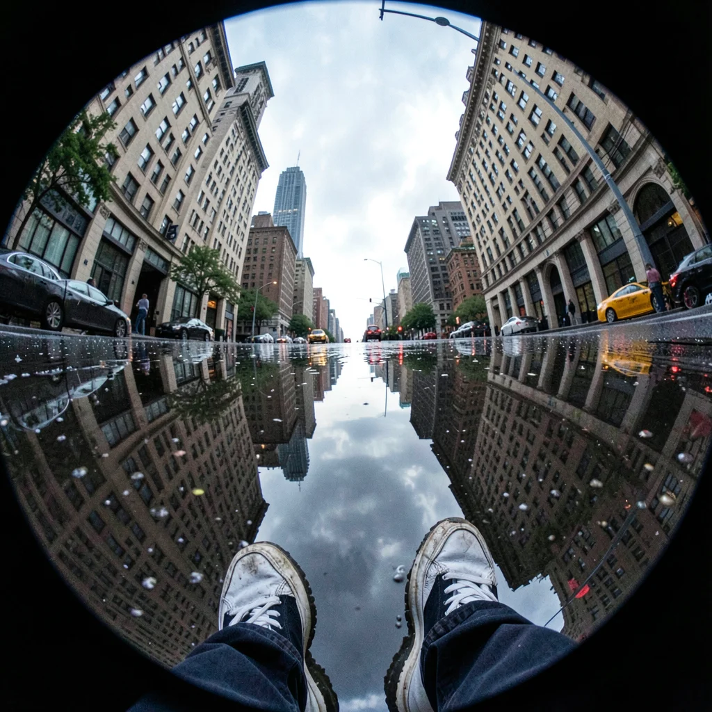 Fisheye looking down into street puddle, entire city skyline reflected and warpe