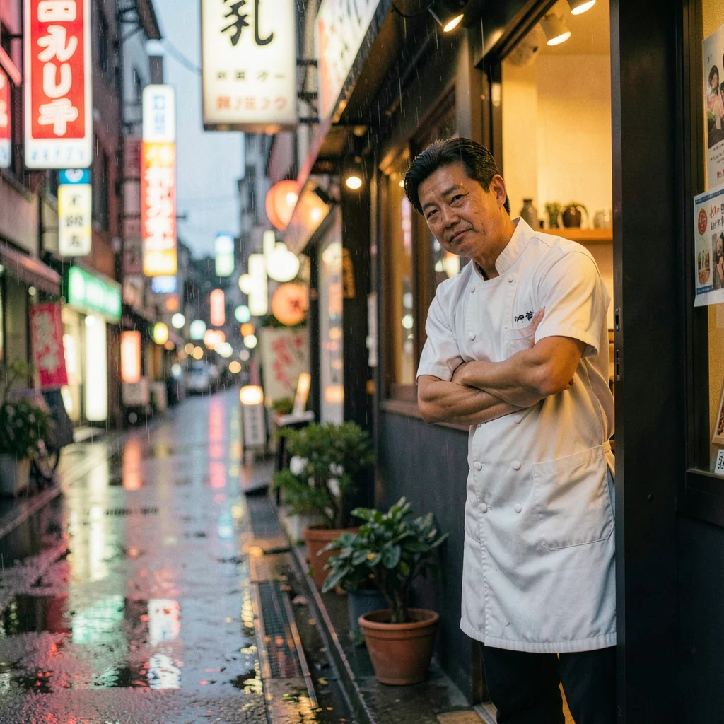 Chef in white coat leaning in doorway of restaurant, arms folded, golden interio