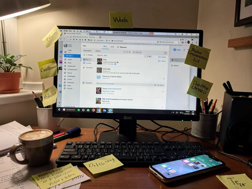 Sticky notes with vague motivational words surrounding monitor displaying email 