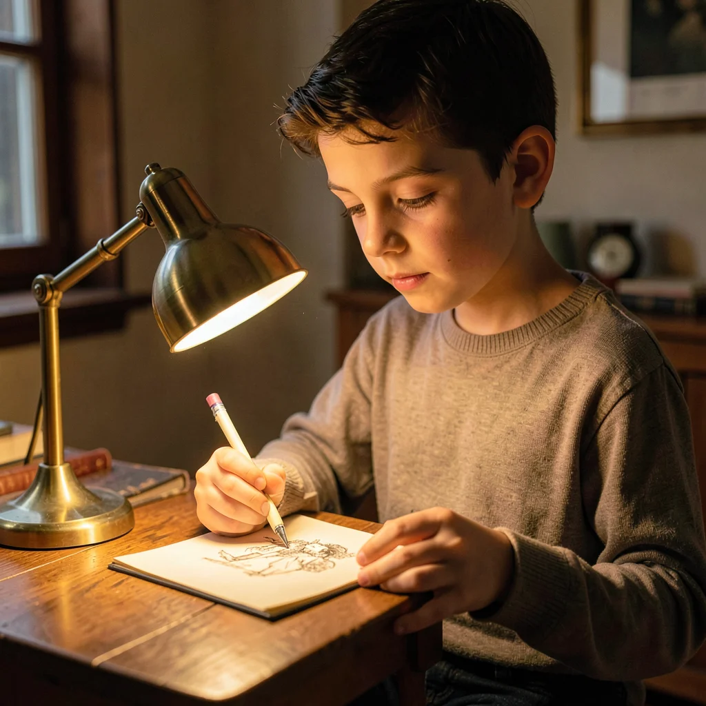 Lamplit portrait of a young collector studying a small drawing under a brass des