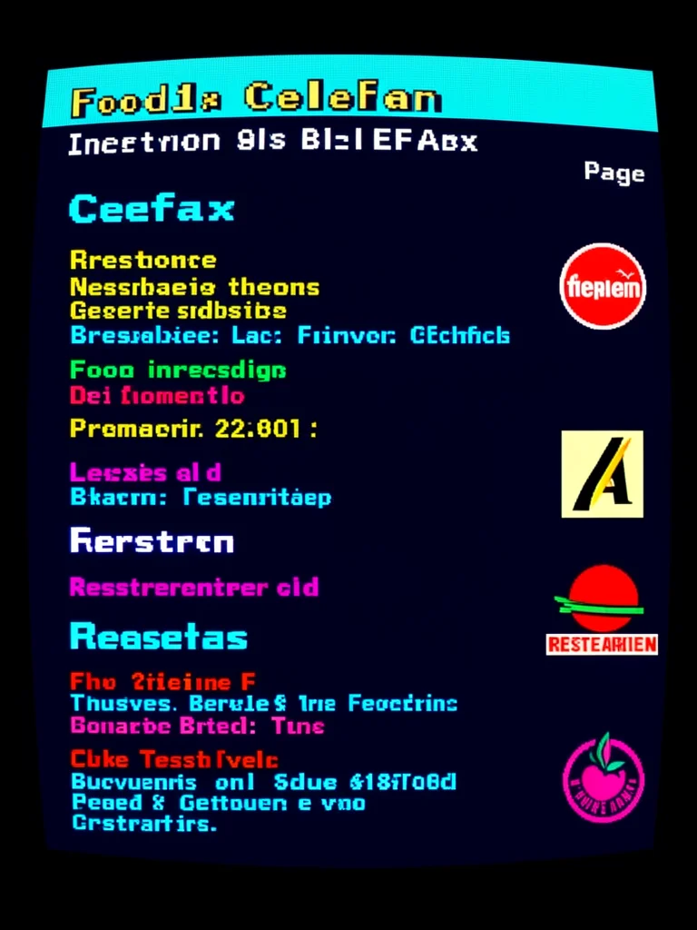 Food delivery app as Ceefax, restaurant logos pixelated, menu items as text list