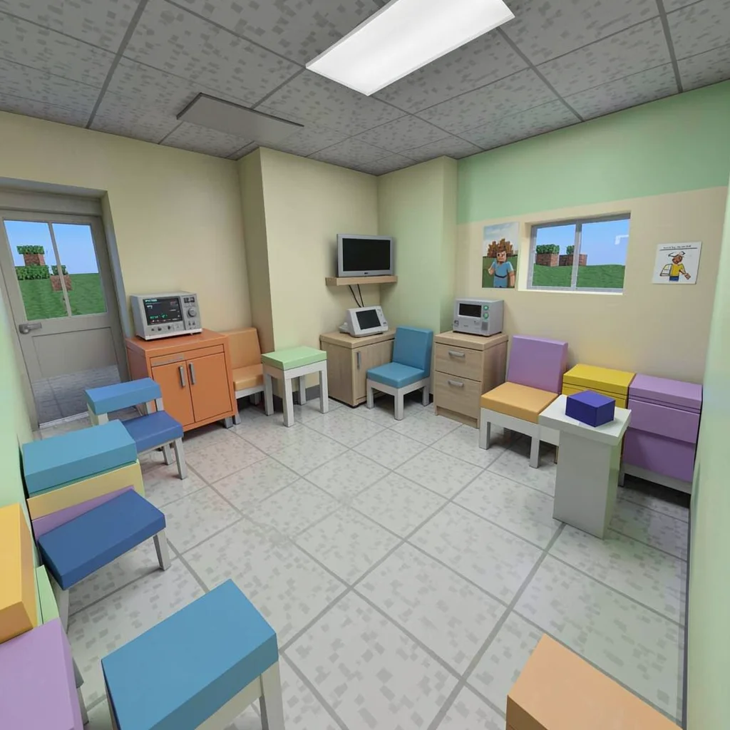 Voxel 3D illustration, voxel hospital room , cubic voxel construction, blocky 3D