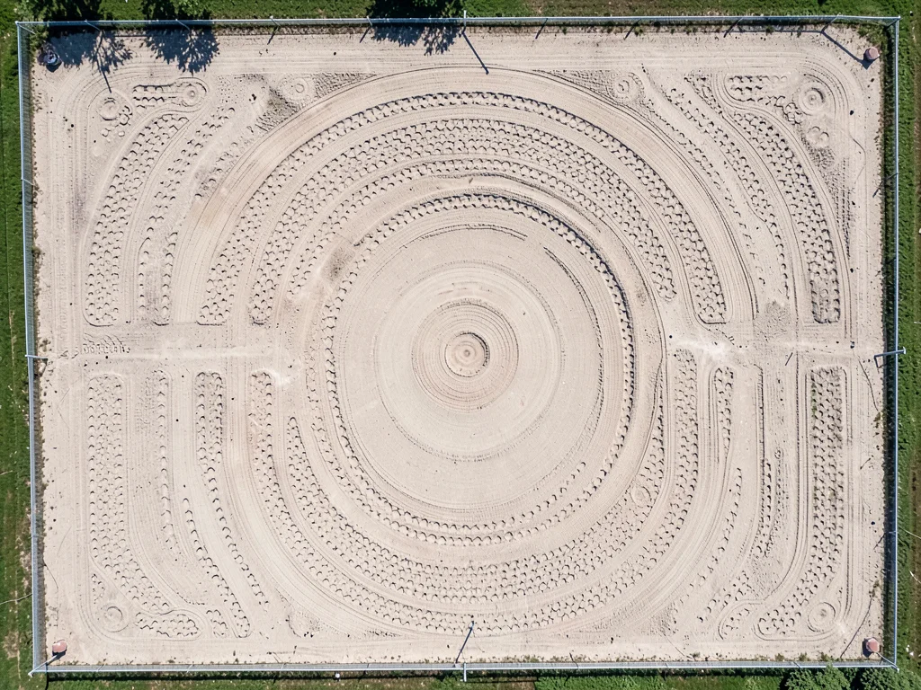 Golf driving range from above, divots creating texture pattern