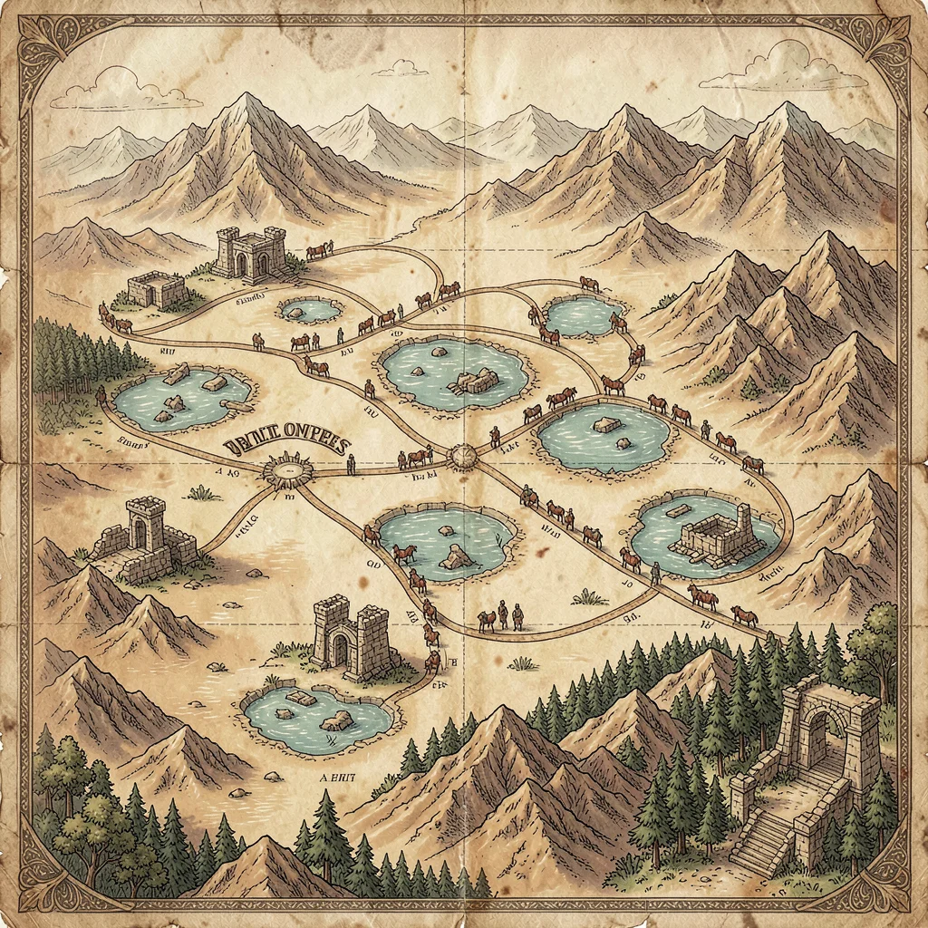 Fantasy map illustration, a desert realm map with oases, caravan routes, and anc
