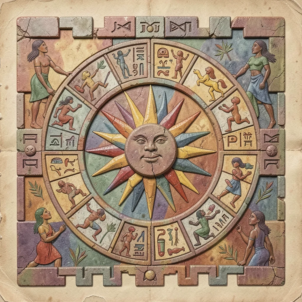 Stone calendar wheel carving, close-up of central sun glyph