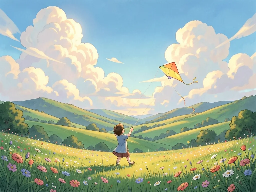 Child flying a kite on rolling hills, vast sky with towering cumulus, wildflower