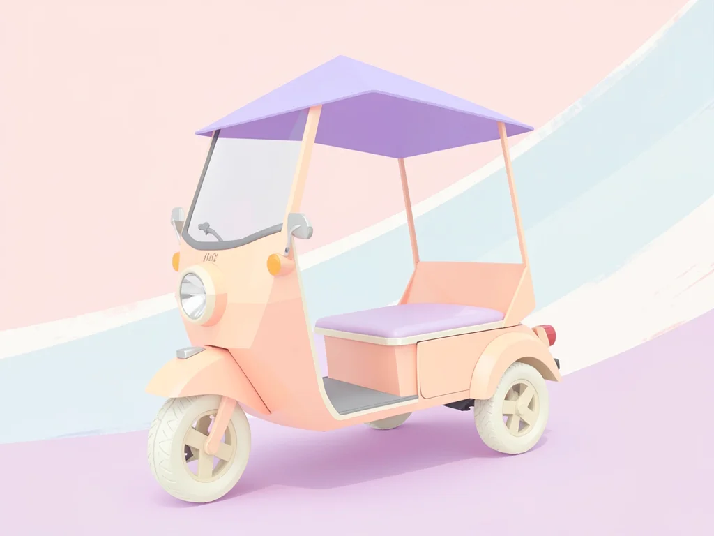 Three-wheeled peach lowpoly tuk-tuk with a triangulated lavender canopy and crea