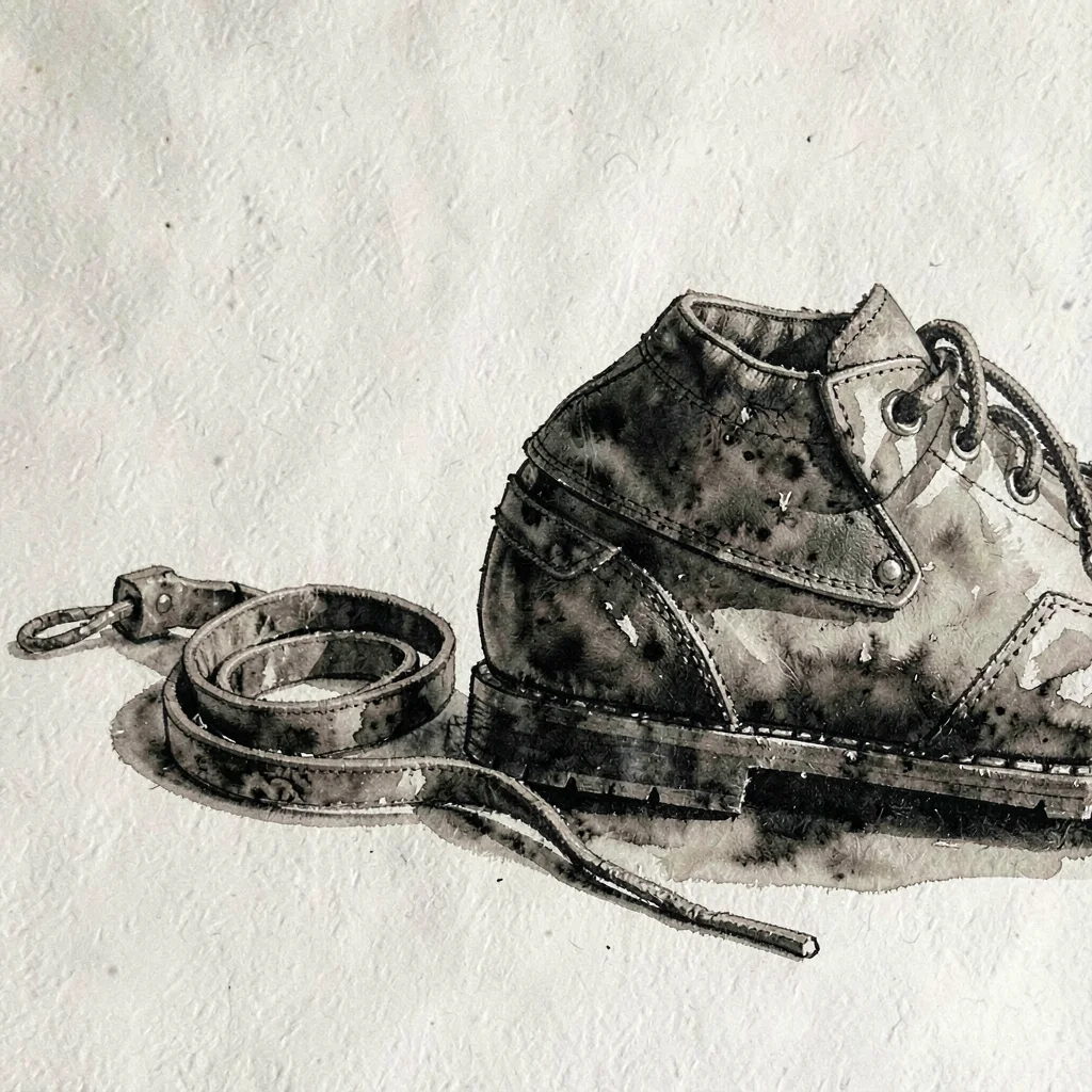 Editorial pen-and-ink composition of a leash lying coiled beside a worn boot, de