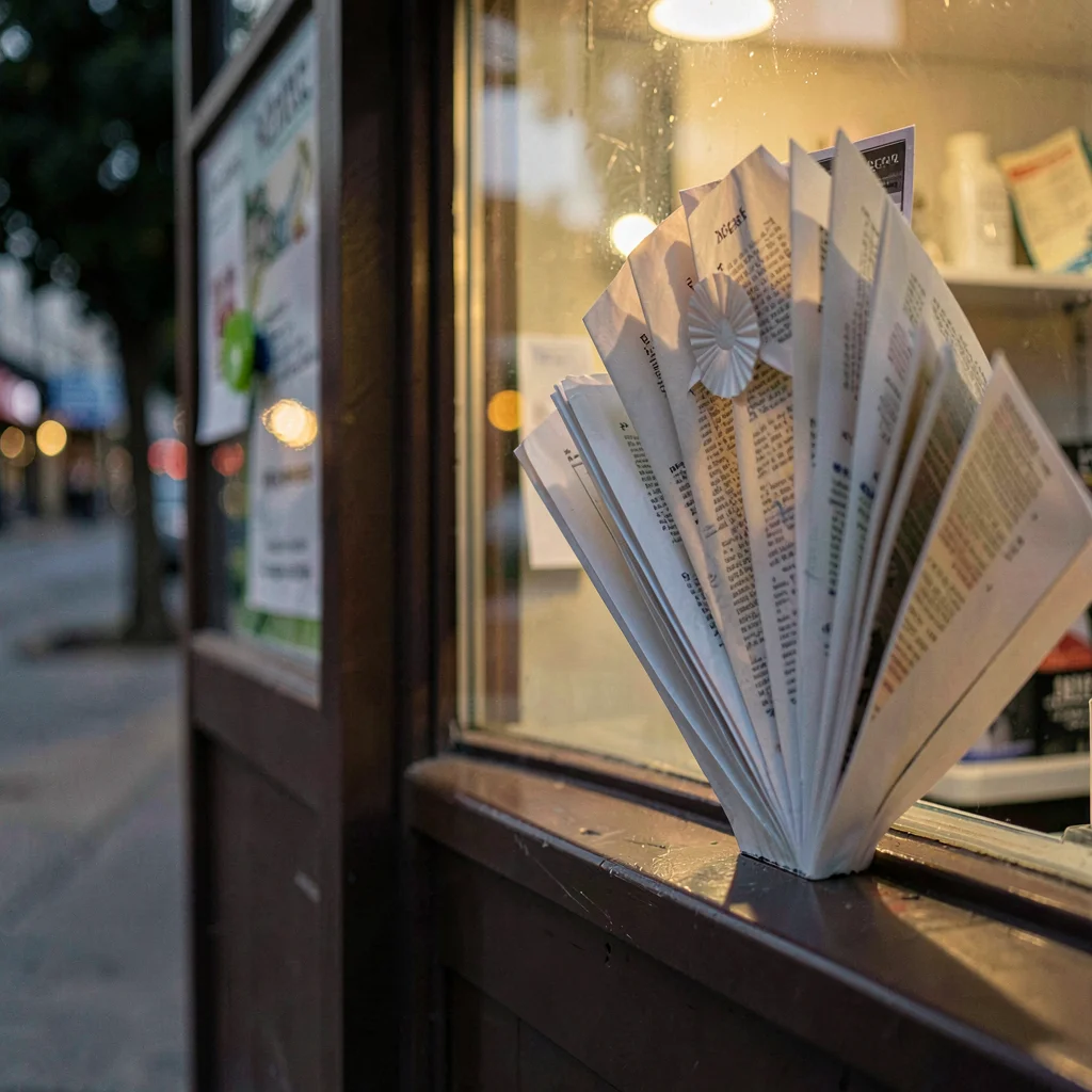 Paper rosette pinned to a kiosk wall echoing a folded fan of pages, dusk-warm ke