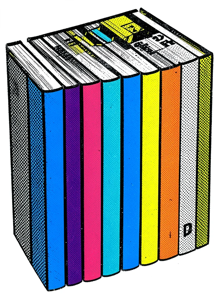 Stack of comic books, spines visible, each a different primary color