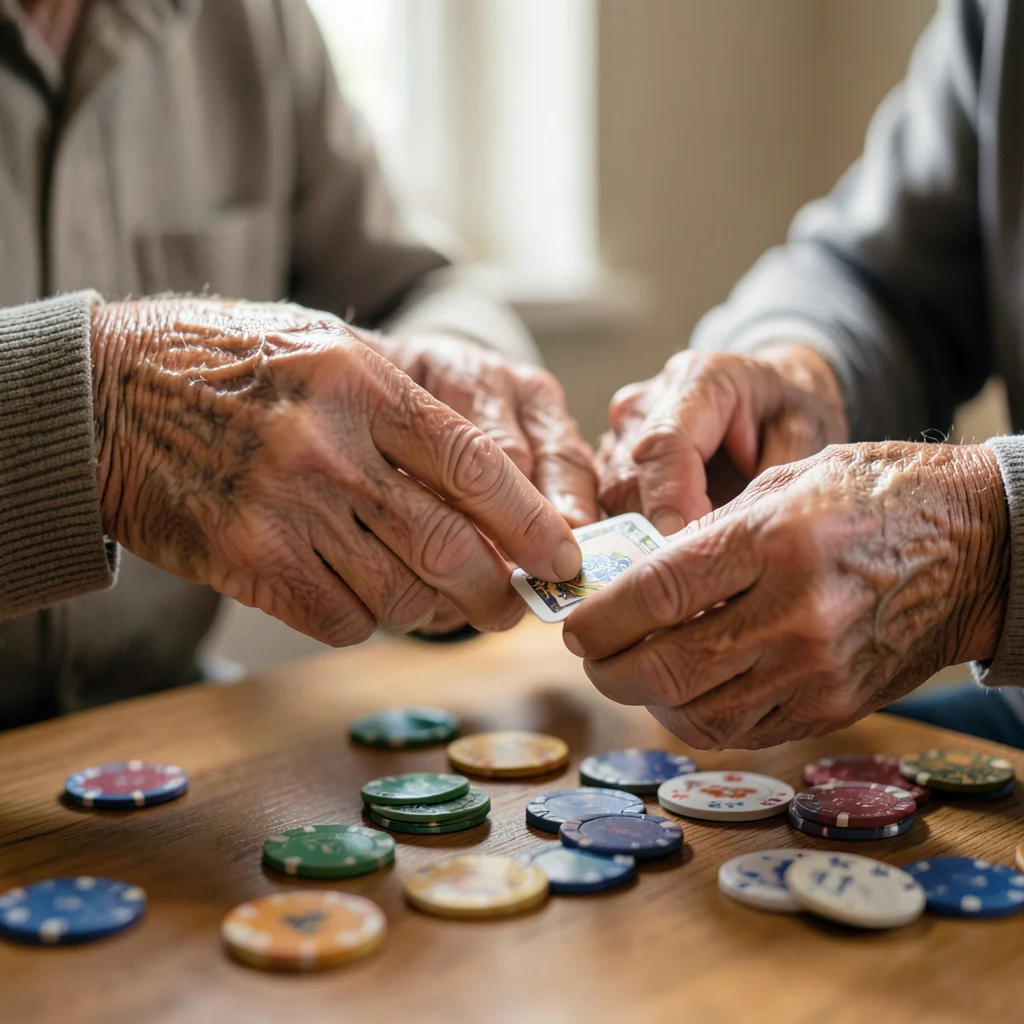 Elderly hands dealing cards to grandchildren, the shuffle elegant from decades o