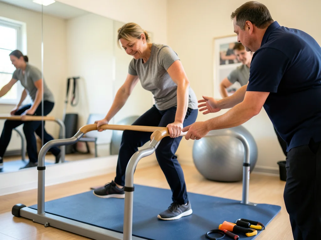 A physical therapist guiding a patient through a rehabilitation exercise, the pa