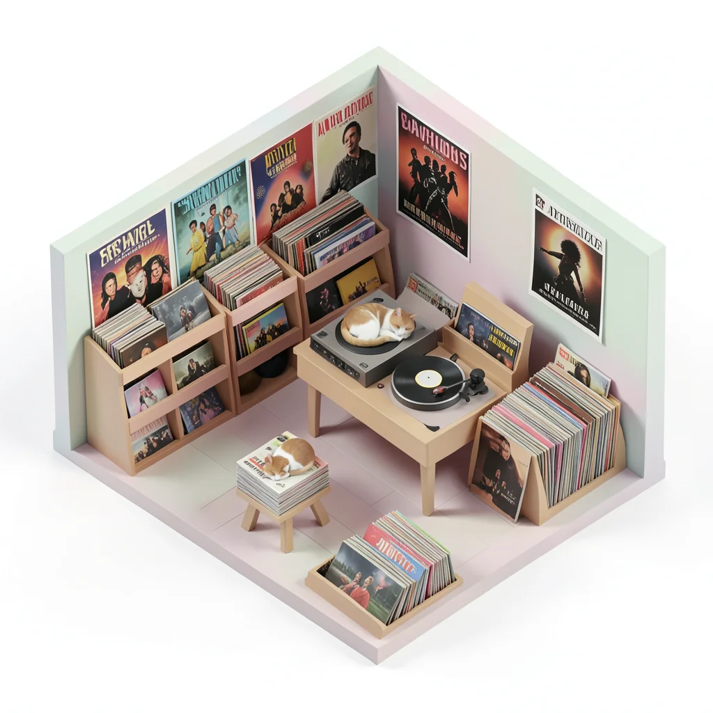 A vinyl record store: browser bins, a turntable listening station, concert poste