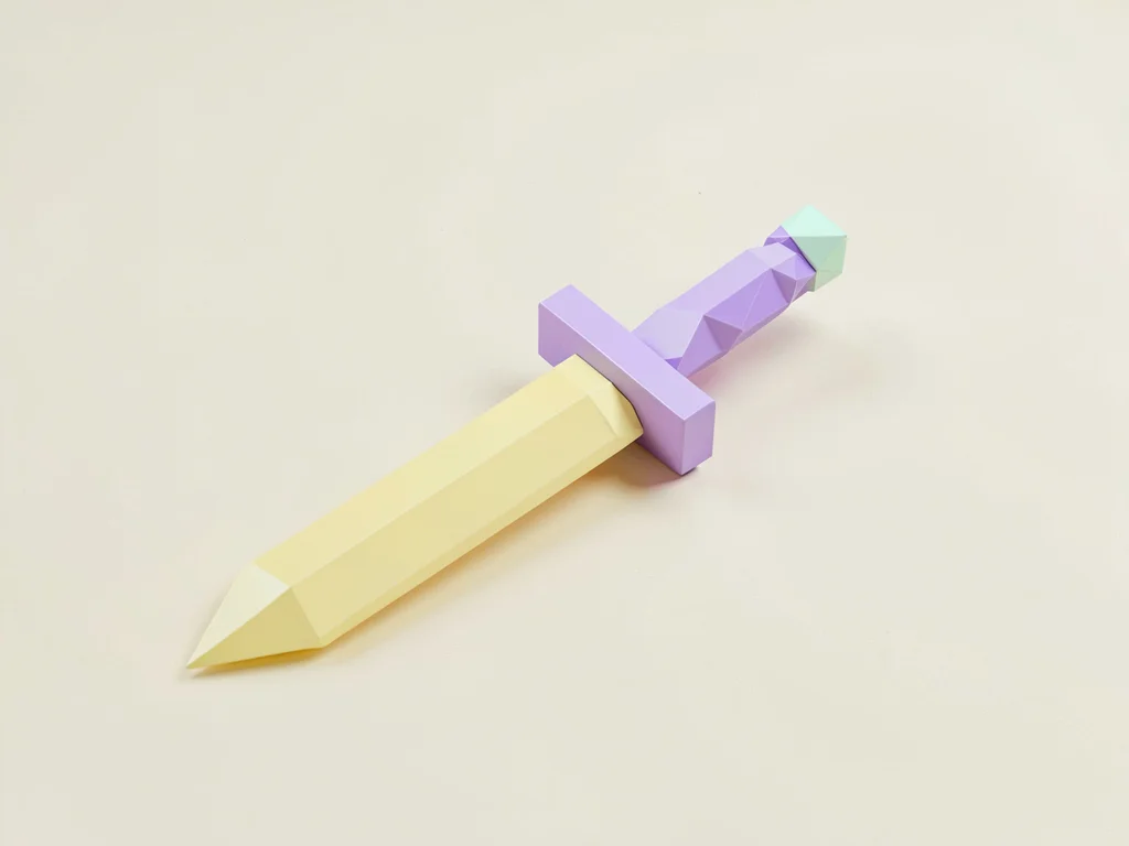Tiny butter-yellow lowpoly dagger with a faceted lavender hilt and a triangulate