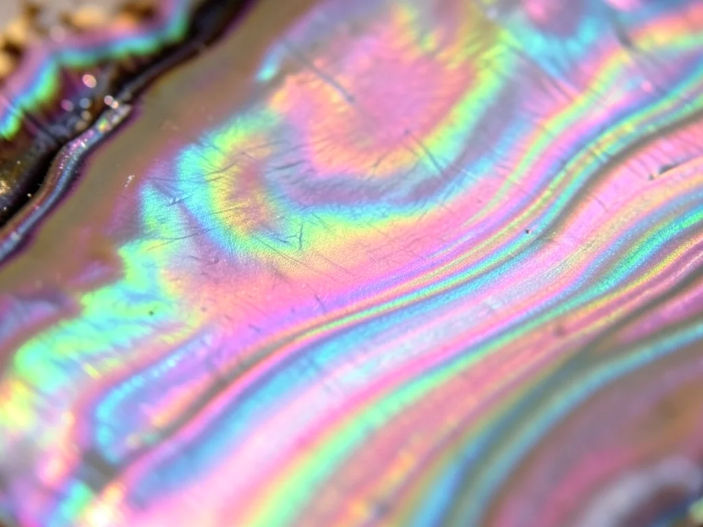 Abalone shell interior, nacre layers creating flowing iridescent pink-green-blue