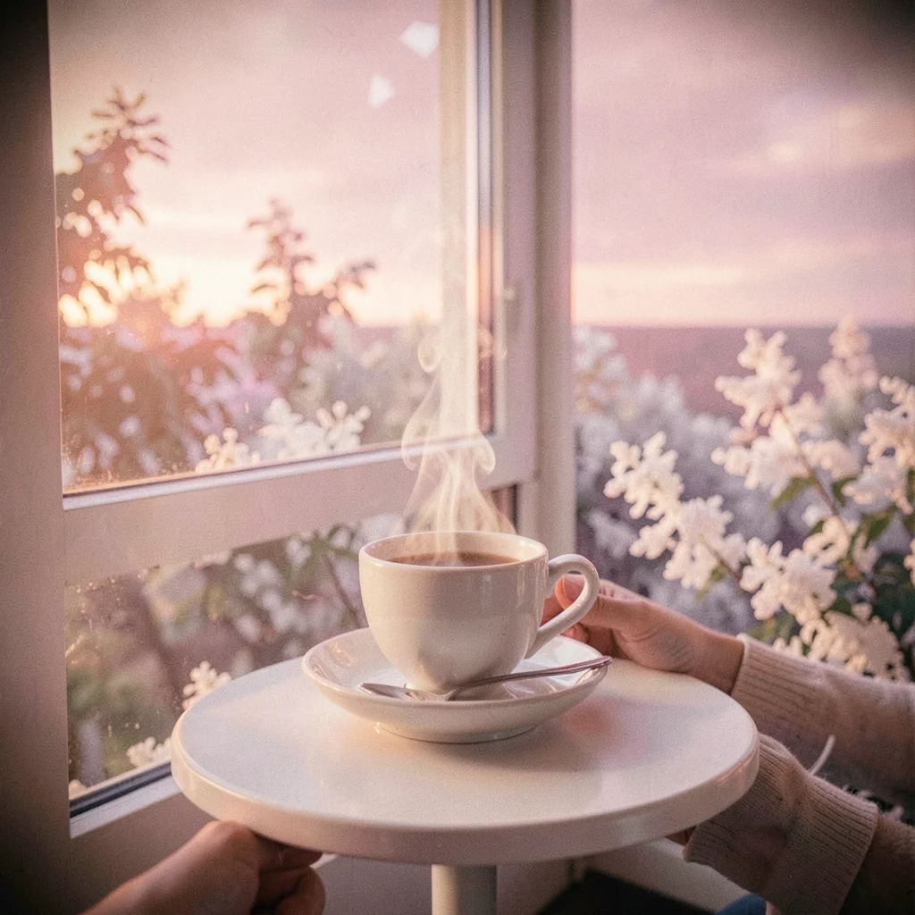 Steam rising from a teacup held by porcelain hands at a small white table near a