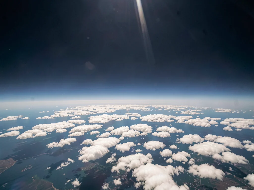 Cloud sea below with clear dark sky above at extreme altitude