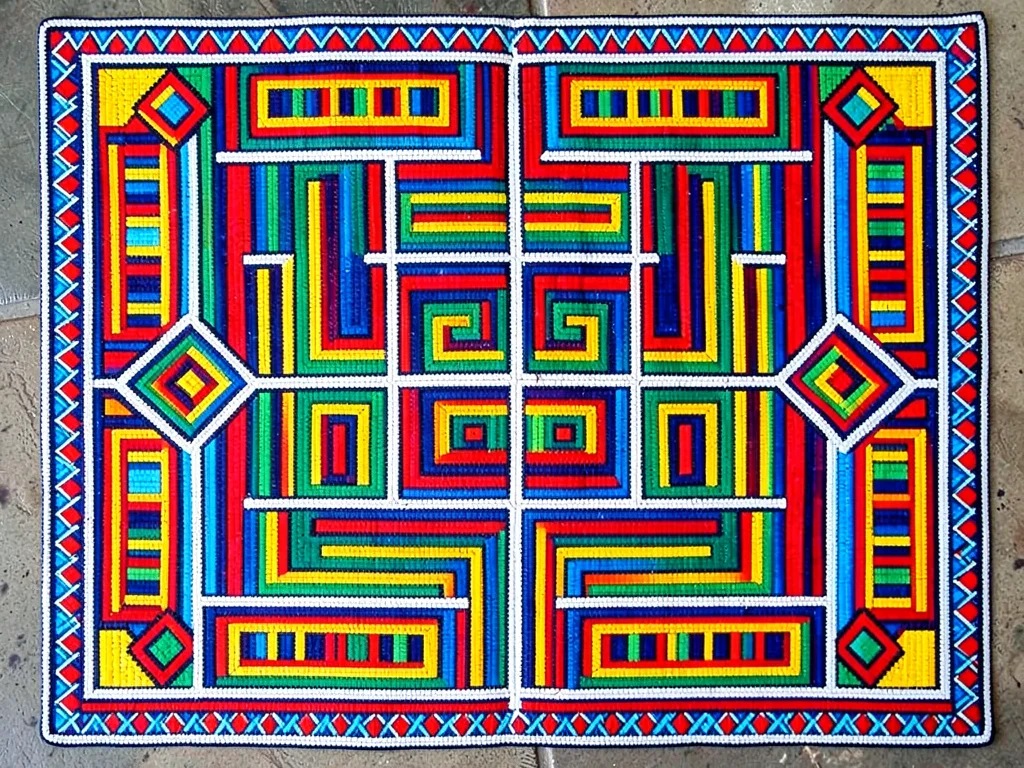 Beaded apron (jocolo) laid flat — dense geometric rows of beadwork, studio top-d