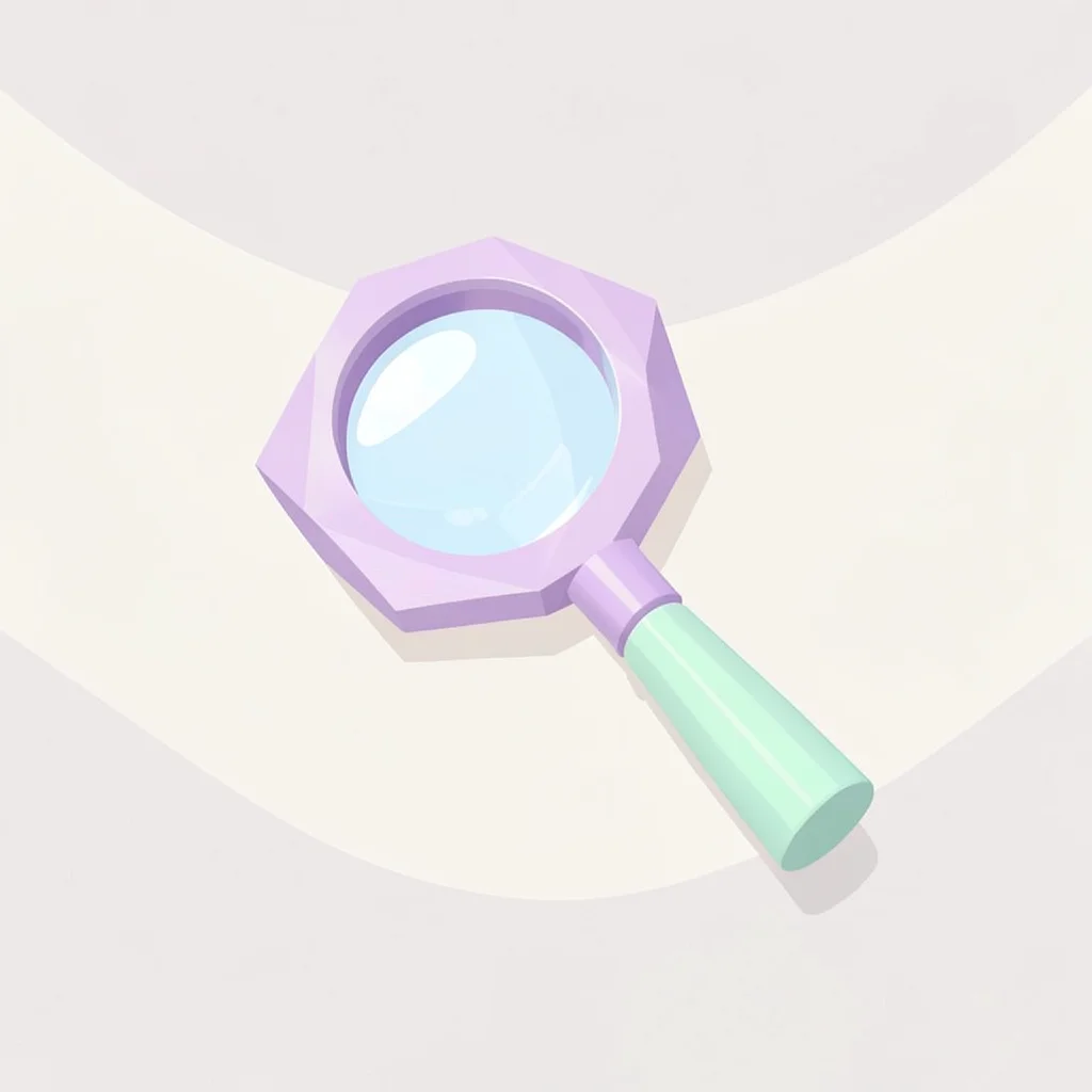 Held lavender lowpoly magnifying glass with mint handle and a sky-blue lens disc