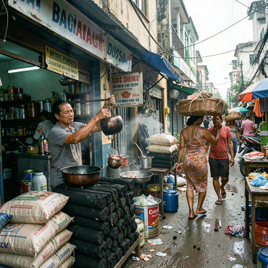 Documentary photograph of megacity life, dense urban scene, Bags of charcoal sta