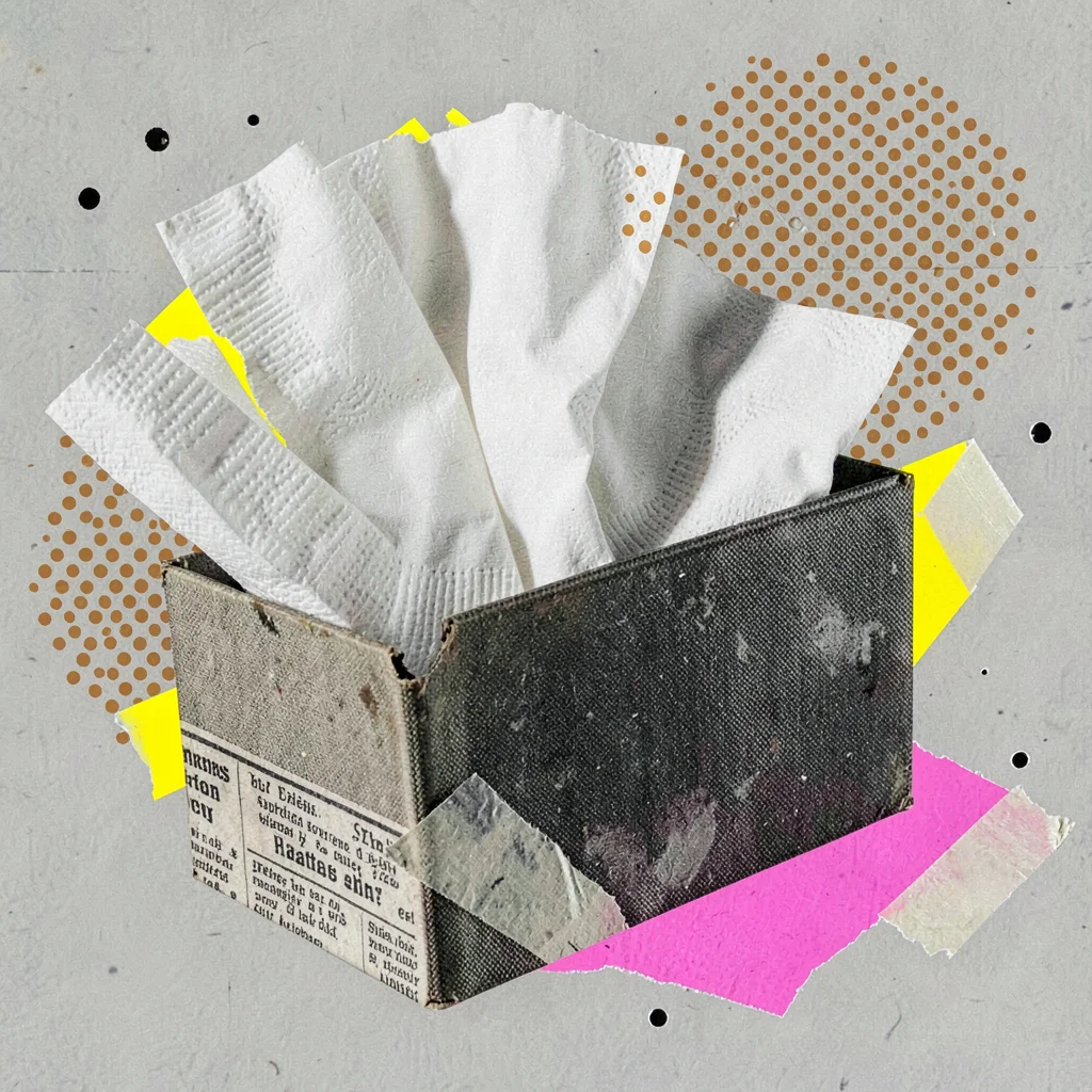 Halftone collage of a vintage napkin dispenser with cut-paper napkins fanning ou