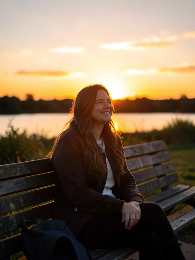 Contentment — person on bench with personal sunset, warm golden light only on th