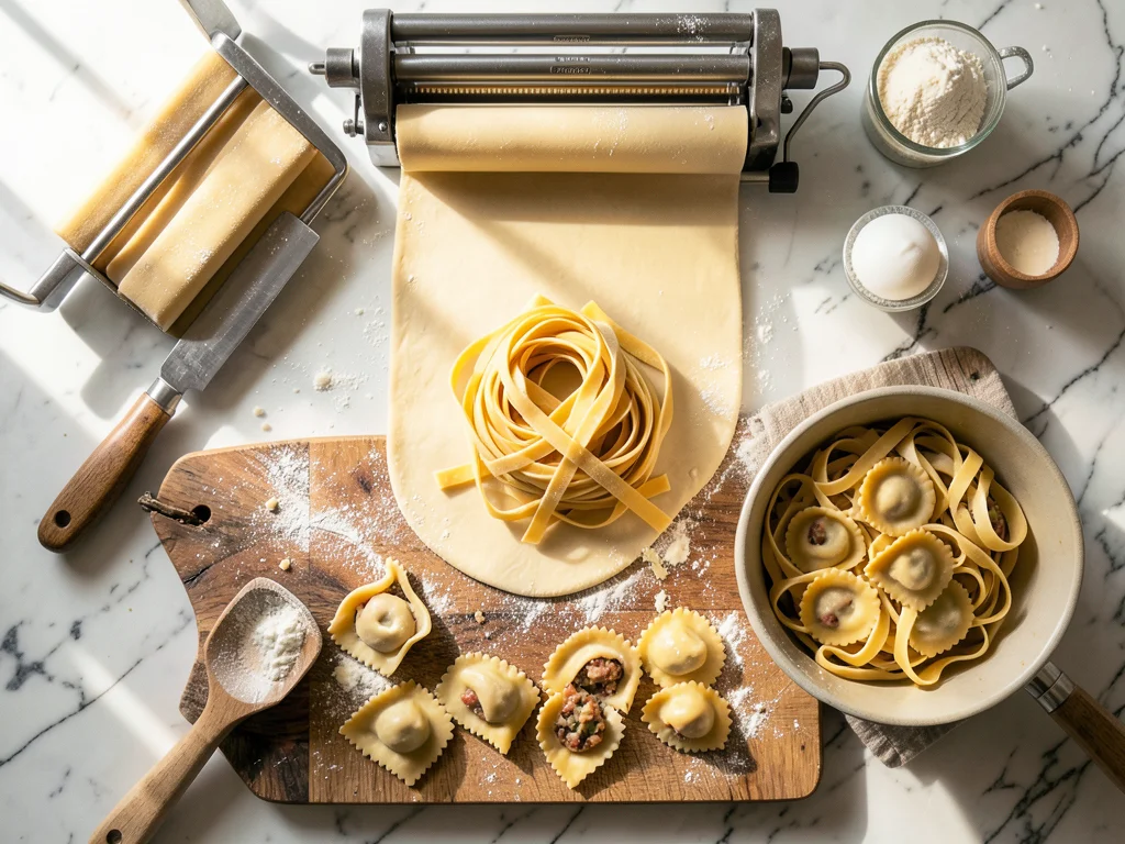 Fresh pasta cut into shapes: a pasta machine, sheets of dough, cut fettuccine, r