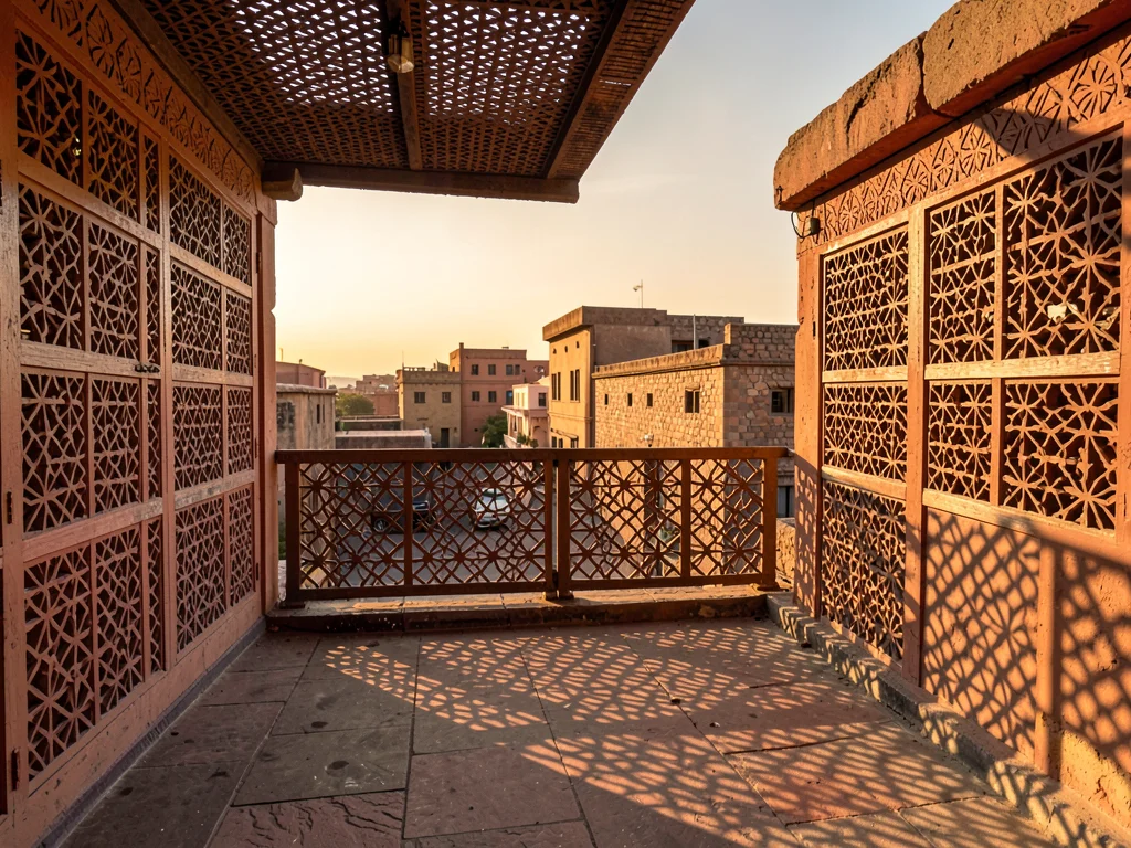 Afternoon sun through mashrabiya lattice in Lamu, Kenya, Rooftop terrace, lattic