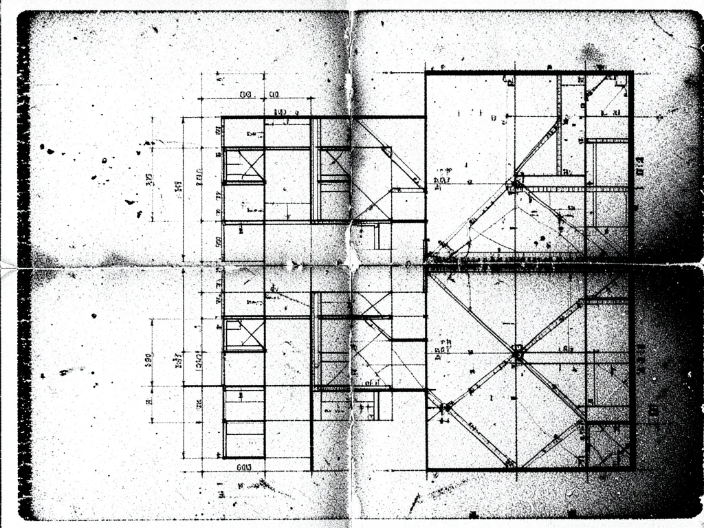 Architectural blueprint photocopied until only the strongest lines survive, fine