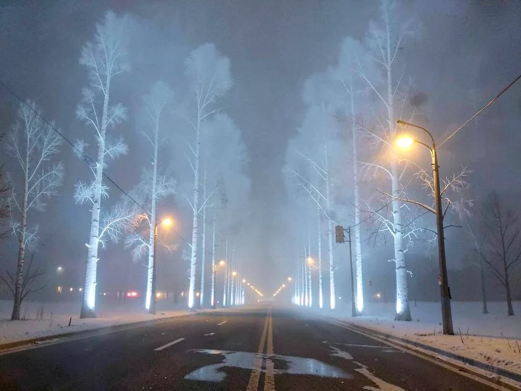 Ice fog creating pillar forest from streetlights
