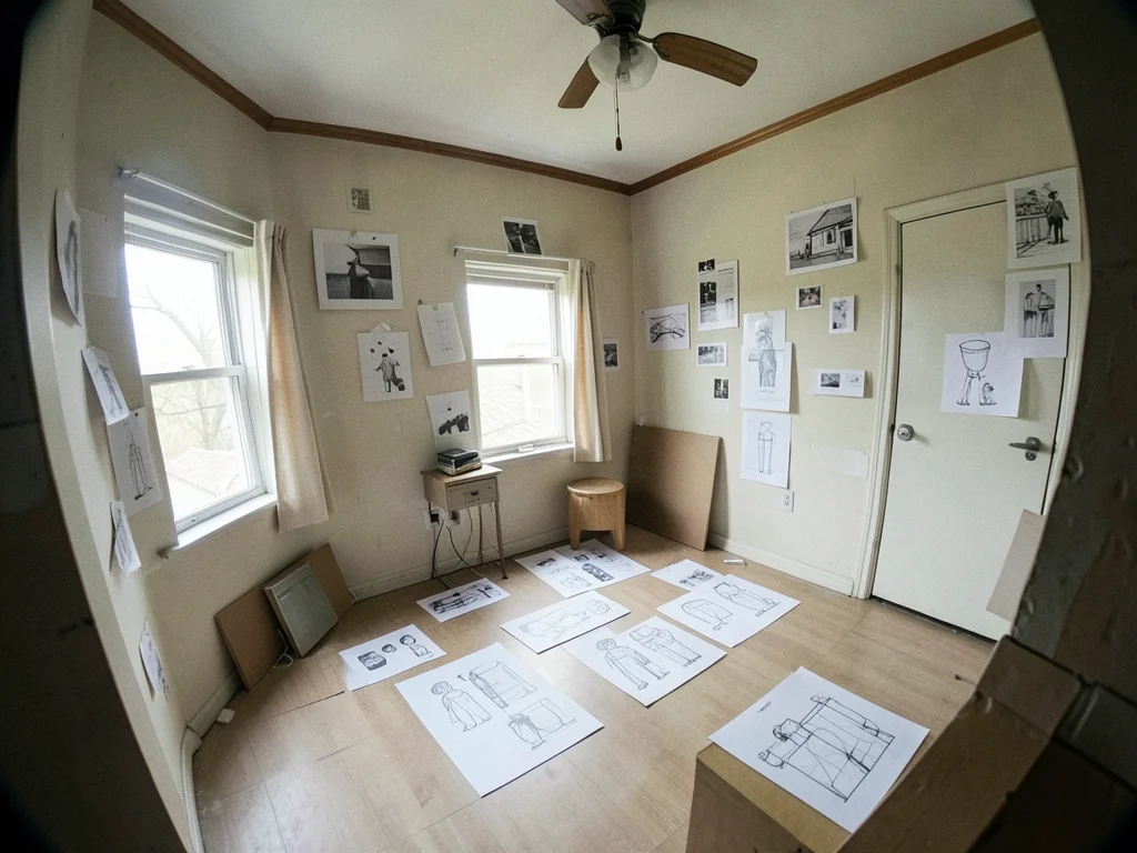 Room interior assembled from catalog cutouts, perspective intentionally wrong