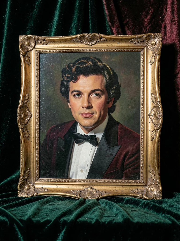 Velvet Elvis painting in gilded frame, kitsch apotheosis