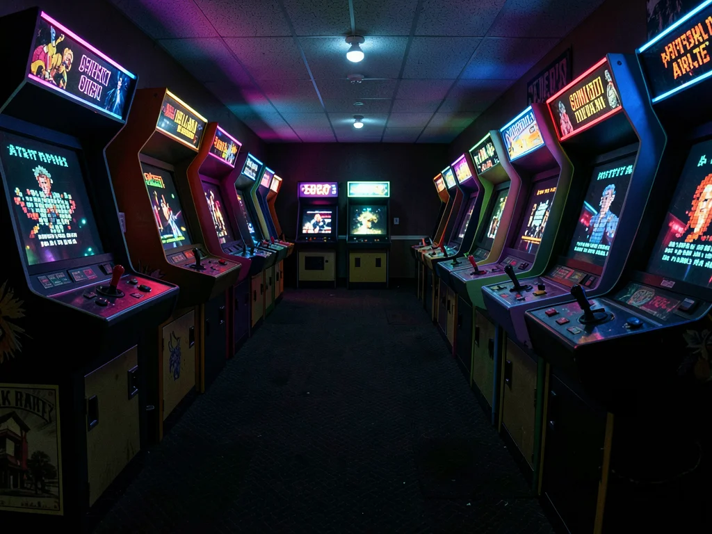 Empty Arcade at Closing Time All Screens Glowing