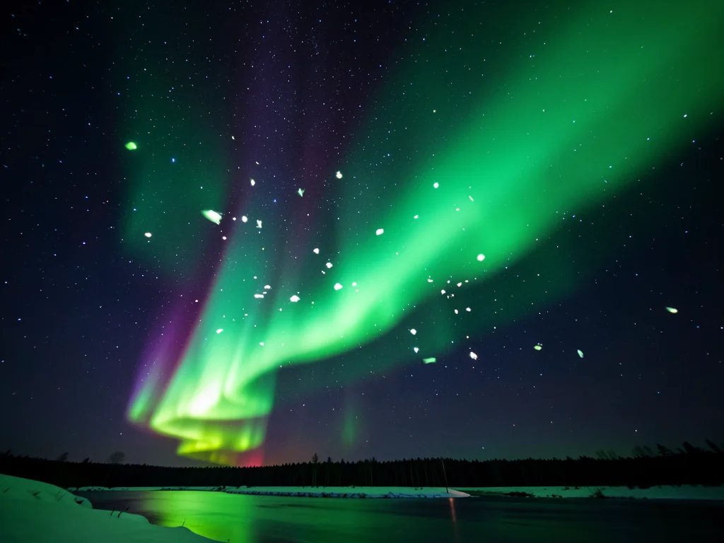 Aurora breakup moment, curtain shattering into scattered bright fragments across