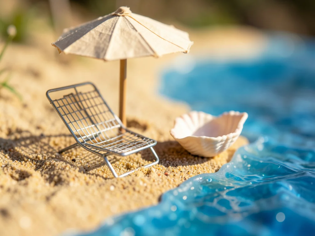 A miniature beach: actual sand, a paper umbrella, a wire beach chair, a seashell