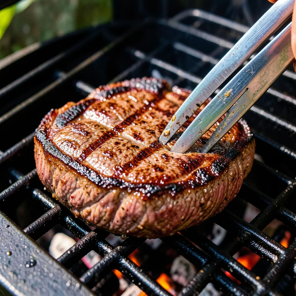 Close-up of perfectly seared steak on grill grates, tongs lifting corner