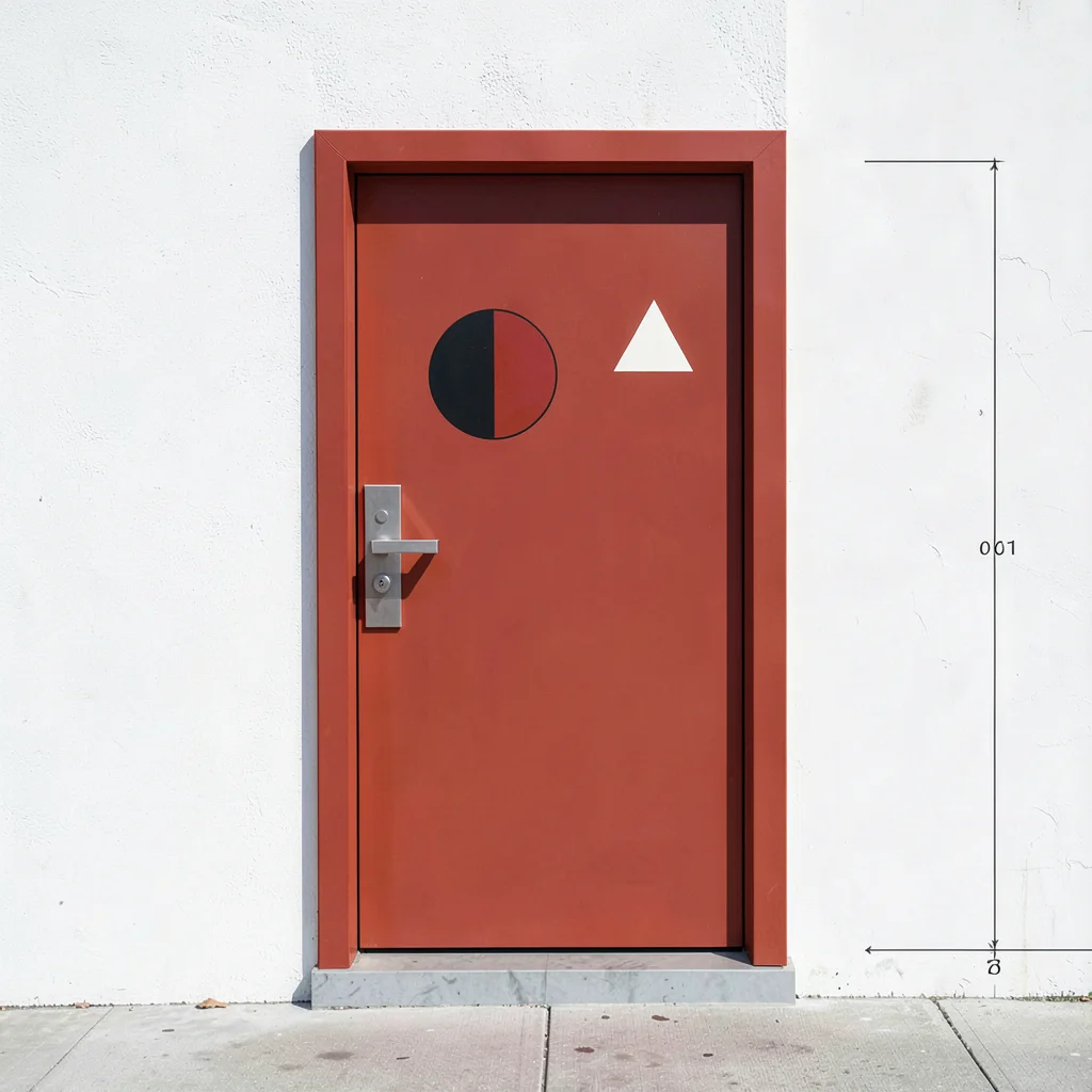 Single primary-red door in white wall, geometric handle, flush frame
