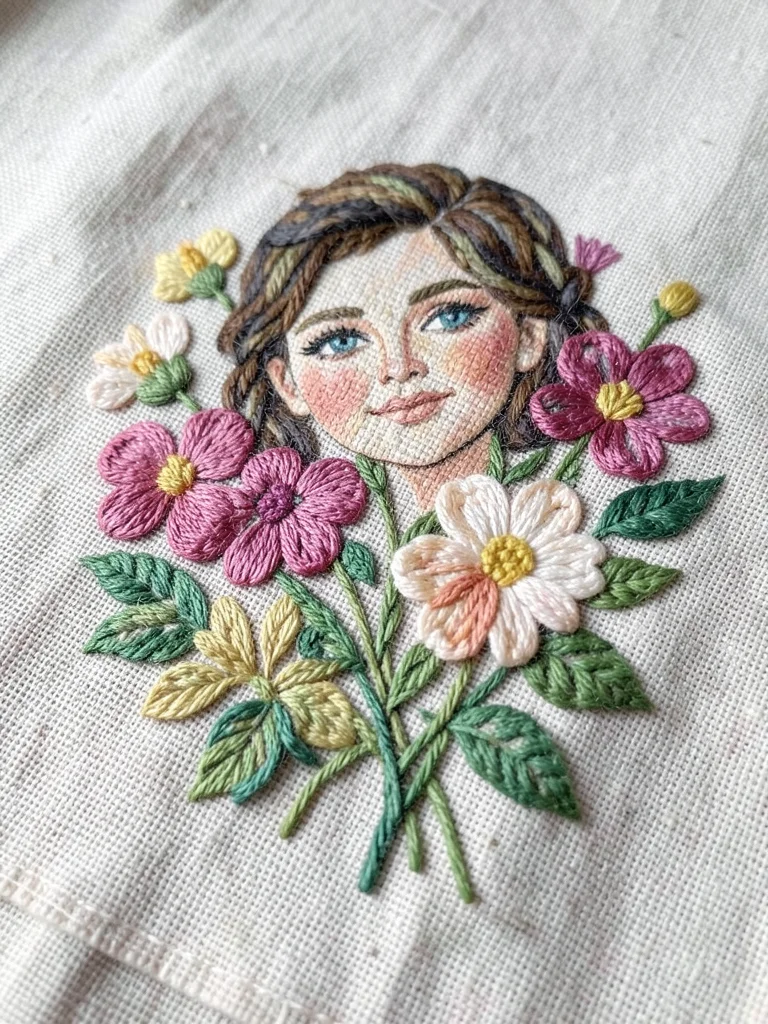 Hand-stitched portrait of flowers in mother's favorite colors, thread detail