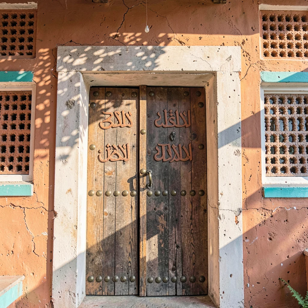 Coastal architecture photograph with Swahili influences, Carved Zanzibar door wi