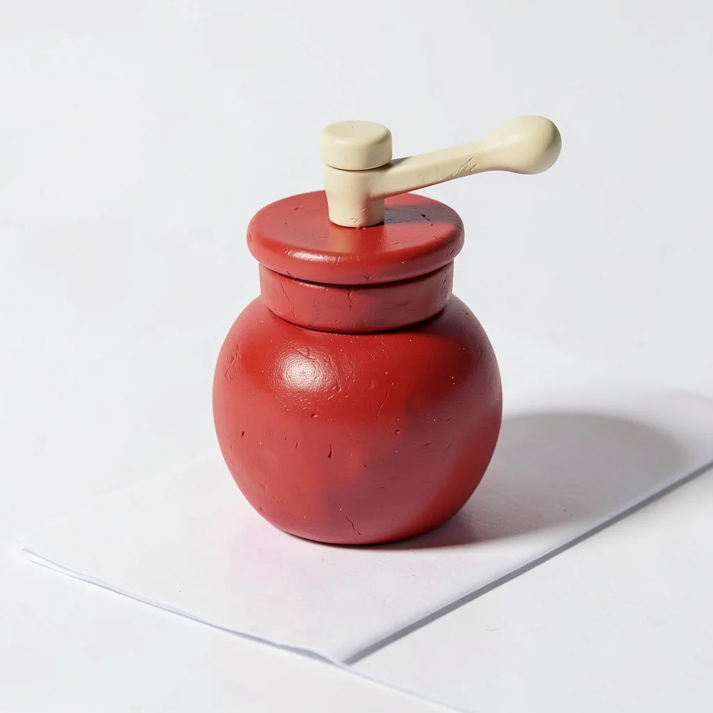 Solid chunky clay coffee grinder in cherry red with stubby cream-toned crank and
