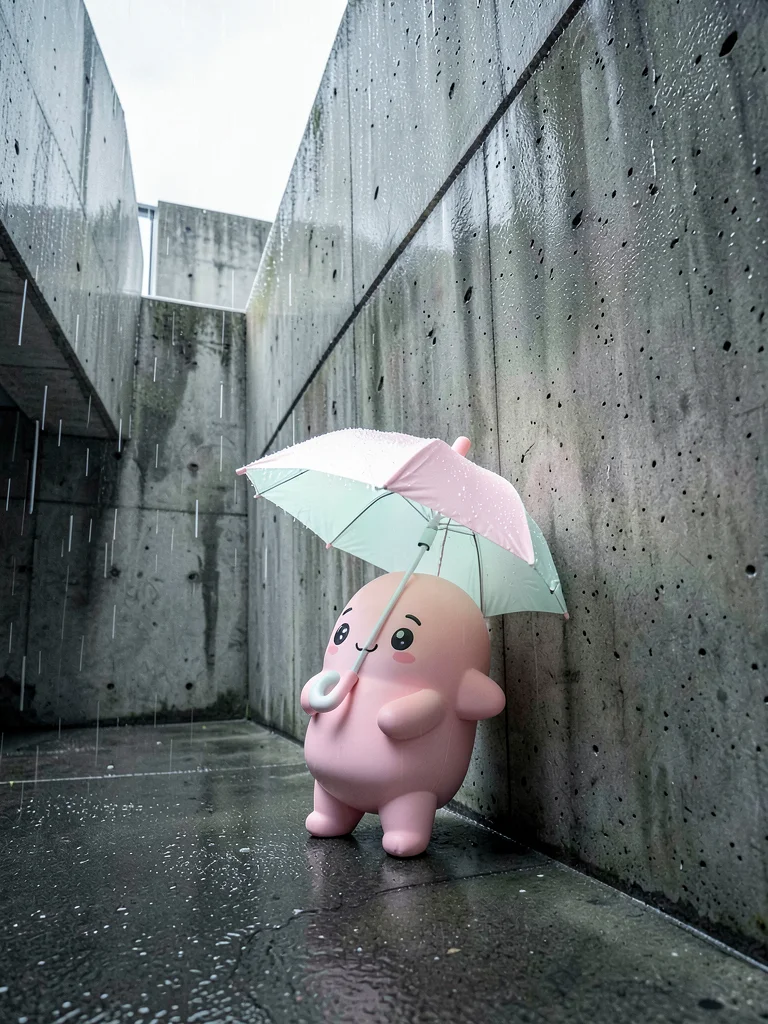 Cute character umbrella leaning on raw concrete wall, rainy brutalist exterior
