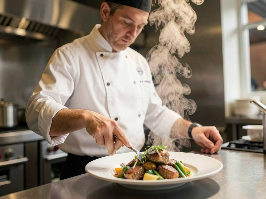 Chef plating dish with steam rising